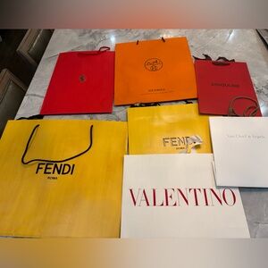 Lot of 7 Designer shopping bags/totes & 2 Fendi ribbons